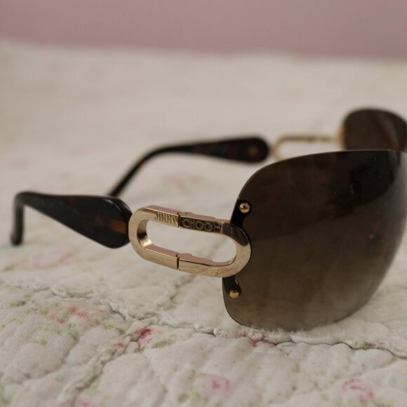 Jimmy Choo Y2K Gradient Rimless Rectangle Wrap Sunglasses Gold/Brown - Picture 3 of 9